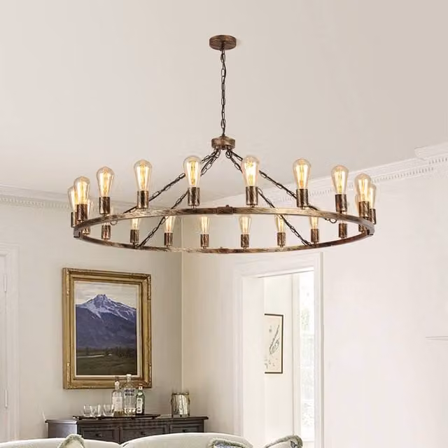 NIVOR 20-Light Waggon Wheel Bronze Kitchen Chandelier, Adjustable Rustic Metal Pendant Light with E27 Base, W/D/H: 120 x 83 x 83 cm – 1