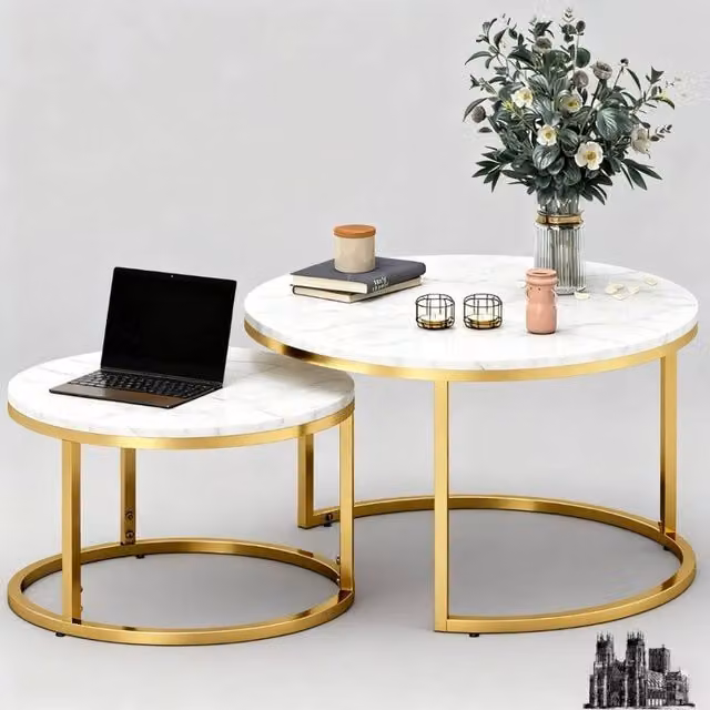 VOGREX Set of 2 Round Nesting Coffee and Side Tables in White and Gold – 1