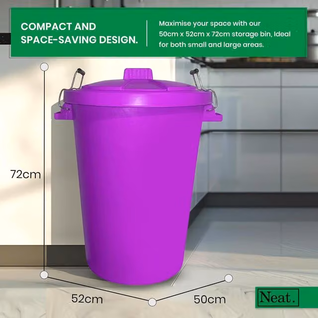 Neat. 90L Heavy Duty Plastic Kitchen Dustbin with Flip Lid and Metal Handle, Purple
