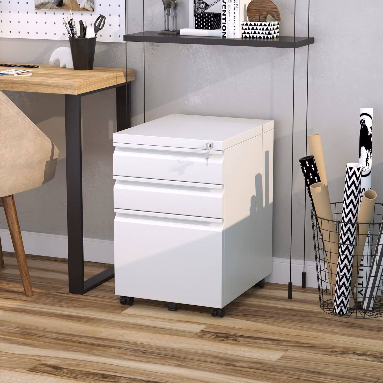 Vinsetto White Wooden Mobile File Cabinet with 3 Lockable Drawers, H 60 x W 39 x D 48 cm – 2
