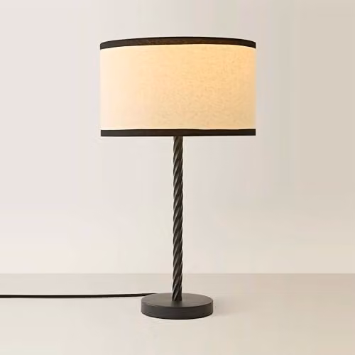 ValueLights Maura Table Lamp with Natural Linen Beige Shade and Black Metal Twist Base including LED Bulb