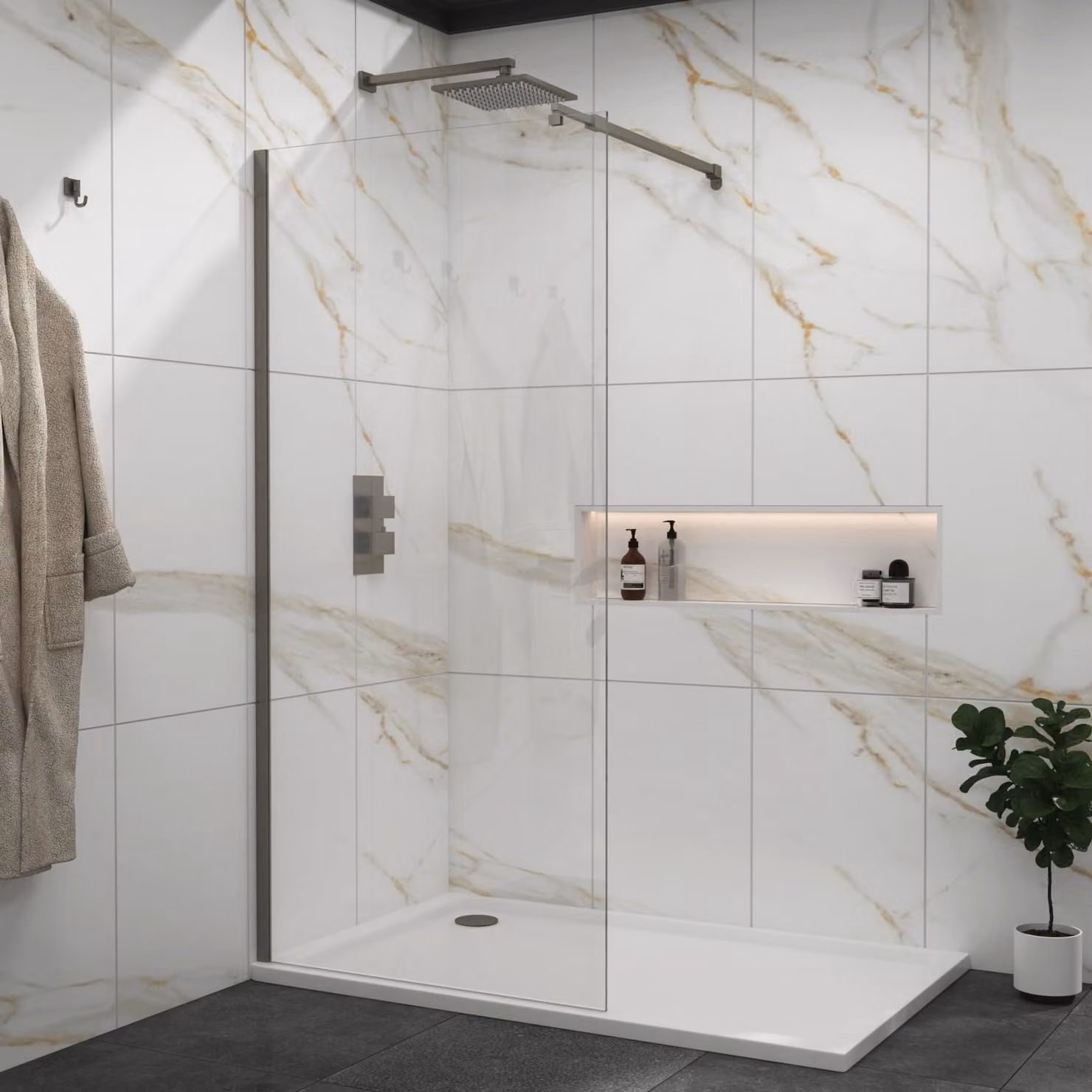 Royal Bathrooms Marbella Walk In Wet Room Shower Screen, Gun Metal Grey, W: 60 cm, H: 185 cm, 8mm Easy Clean Glass with Support Bar