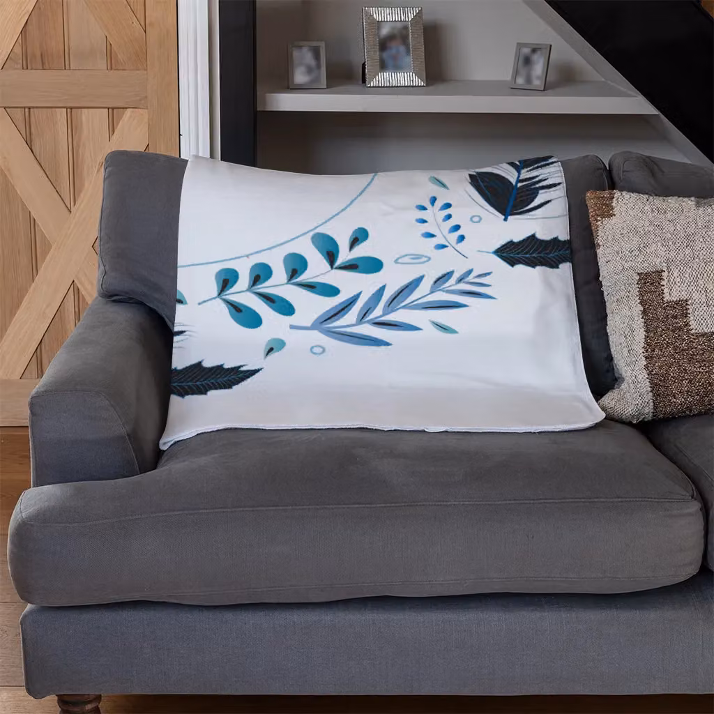 Benjamin Tate Design Blue Leaves Frame Floral Fleece Blanket in Blue, Sand and White, W/D/H: 120 x 150 cm – 3