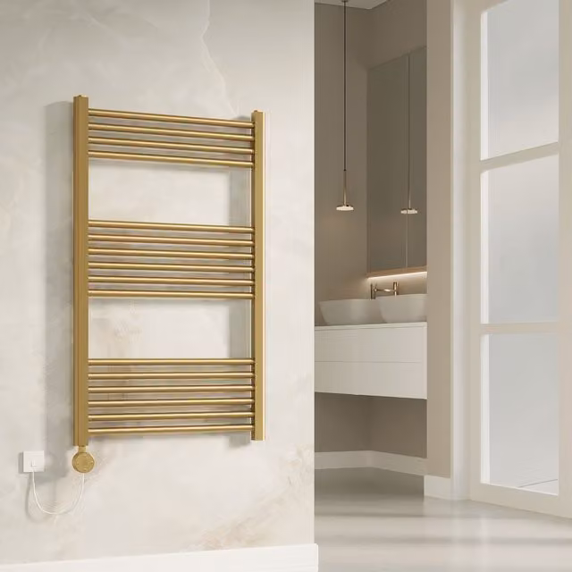 Banyetti Aureli Brushed Brass Electric Ladder Towel Rail Radiator in Gold, W: 600 mm, H: 1000 mm