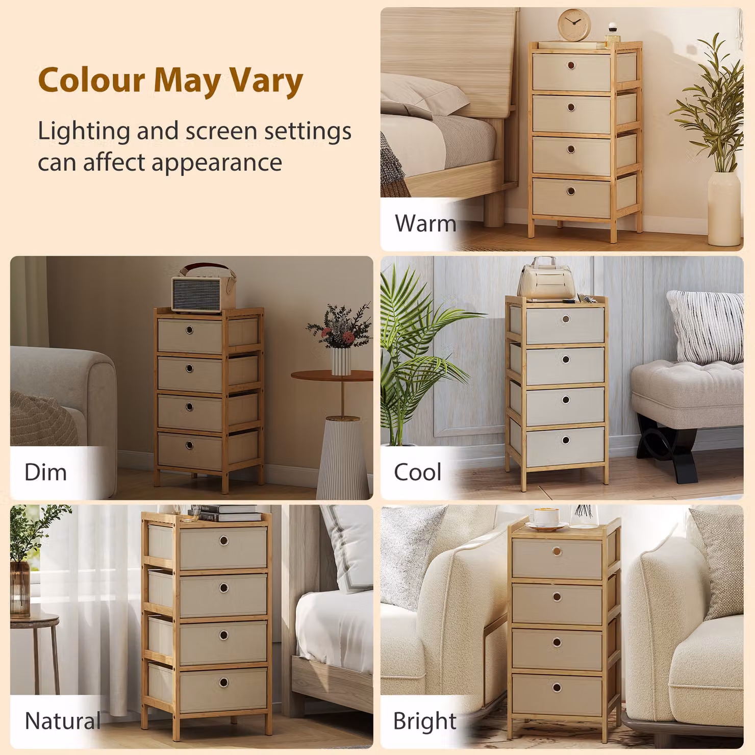 HOMCOM Narrow Chest of Drawers with 4 Fabric Drawers and Bamboo Frame, Cream White – 4