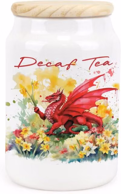 Purely Home Welsh Dragon and Daffodils Ceramic Decaf Tea Storage Canister, Red, Yellow, Green and White, Airtight and Leakproof