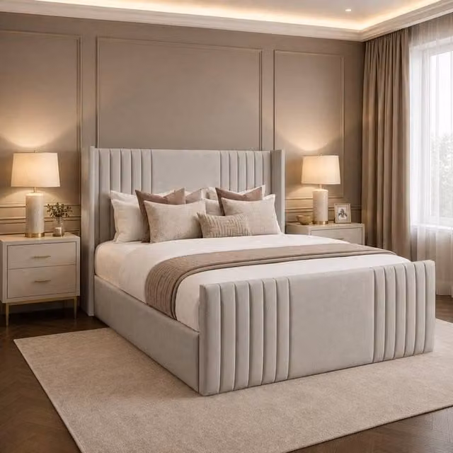 Desire Deco Carolyn Wingback Upholstered Panel Bed Frame in Light Beige, W/D/H: 90 x 190 cm – 1