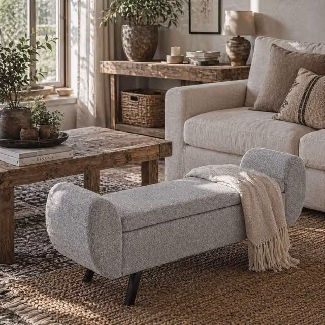 Wyld Haus Nesama Grey Linen Look Upholstered Storage Bench with Armrests – 1