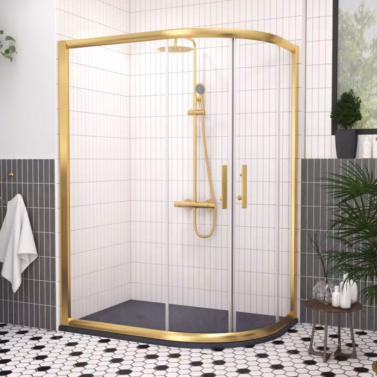 Royal Bathrooms Venice Offset Quadrant Shower Enclosure with Grey Stone Mineral Cast Tray, Brushed Brass, W: 120 cm, D: 80 cm, 6mm Double Sliding Door