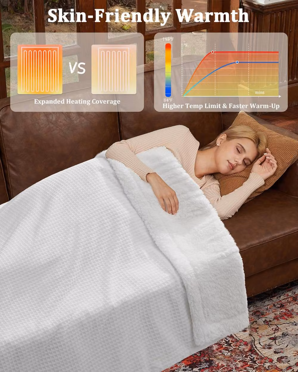 London Boutique Dual-Sided Flannel Electric Heated Blanket in White with 6 Heat Levels and 10h Auto-Off – 6