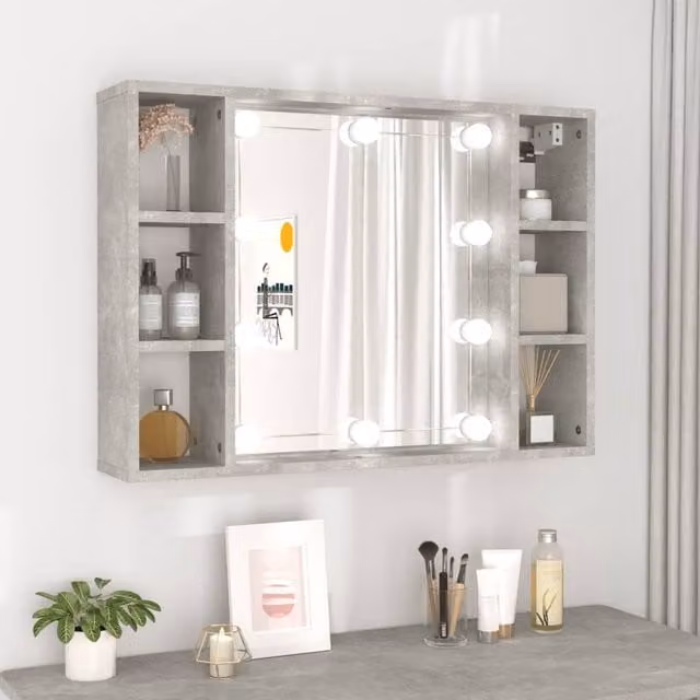 Berkfield Home Mirror Cabinet with LED Lighting in Concrete Grey, W: 76 cm, D: 15 cm, H: 55 cm