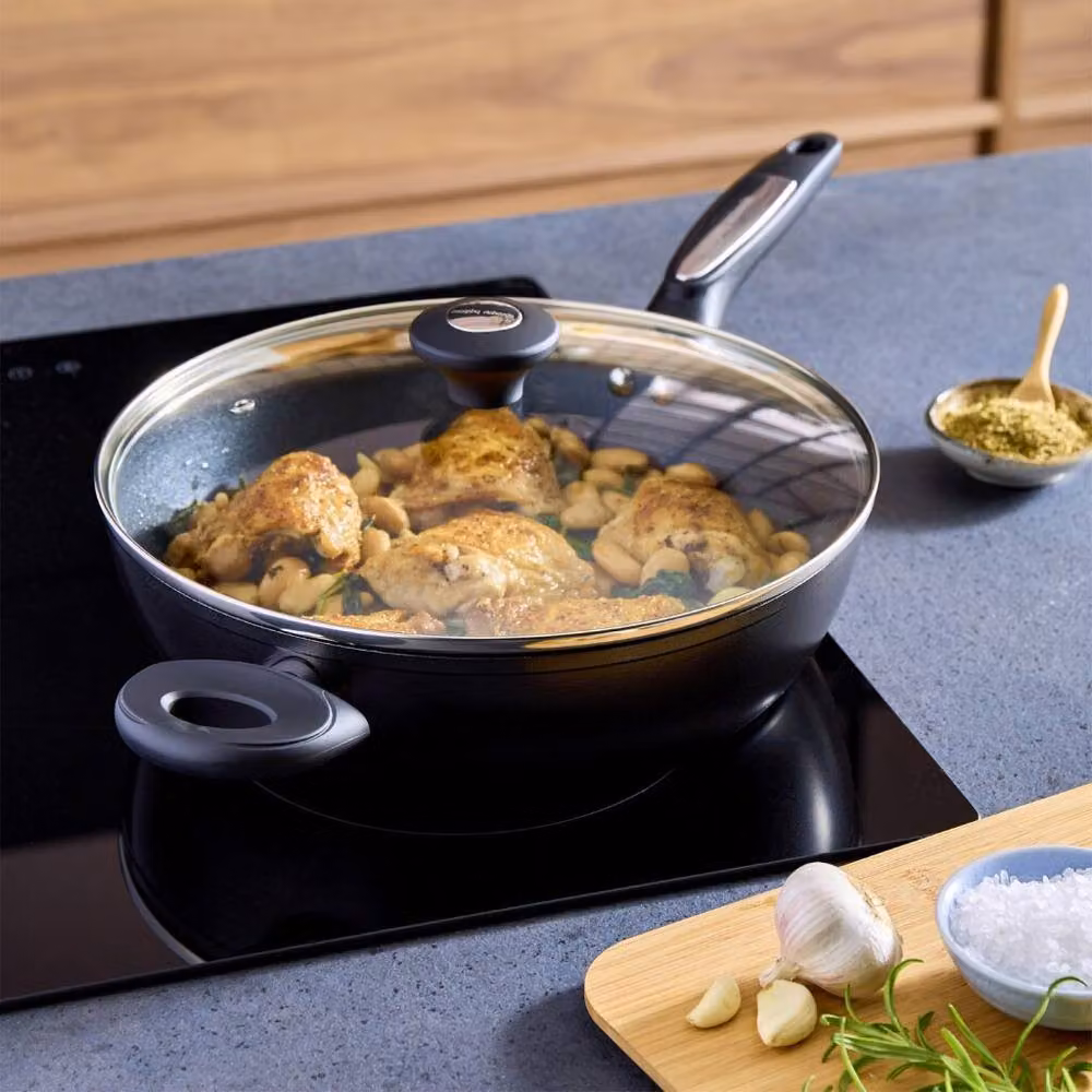 Morphy Richards Black Forged Aluminium Lidded Saute Pan with Ceramic Coating and Glass Lid, 28 cm – 7