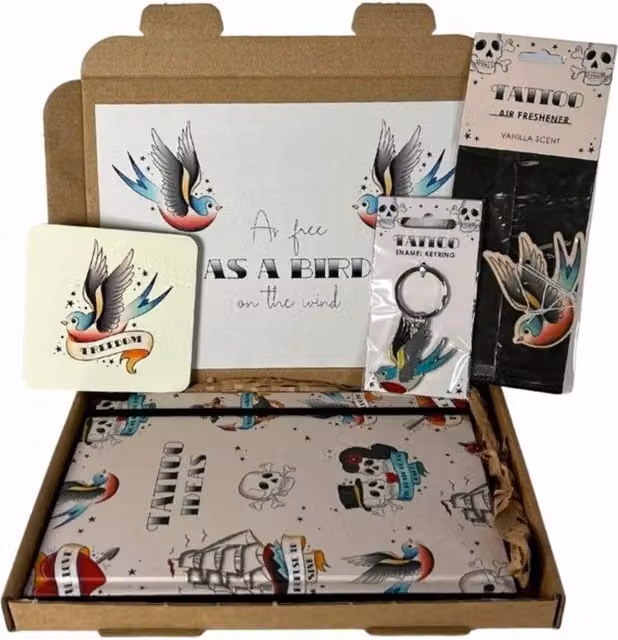 KDMK Free as a Bird Tattoo Gift Set with Sparrow Design Coaster, Keyring and Notebook in Multi Colour