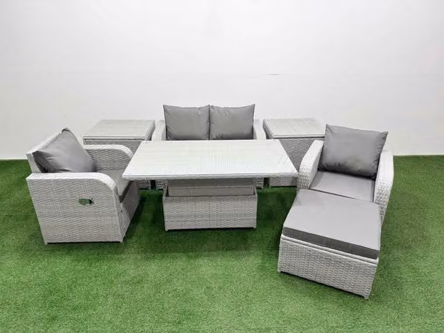 Fimous 5 Seater Grey PE Wicker Rattan Garden Furniture Set with L-Shape Sofa, Reclining Armchair, Coffee Table and Ottoman