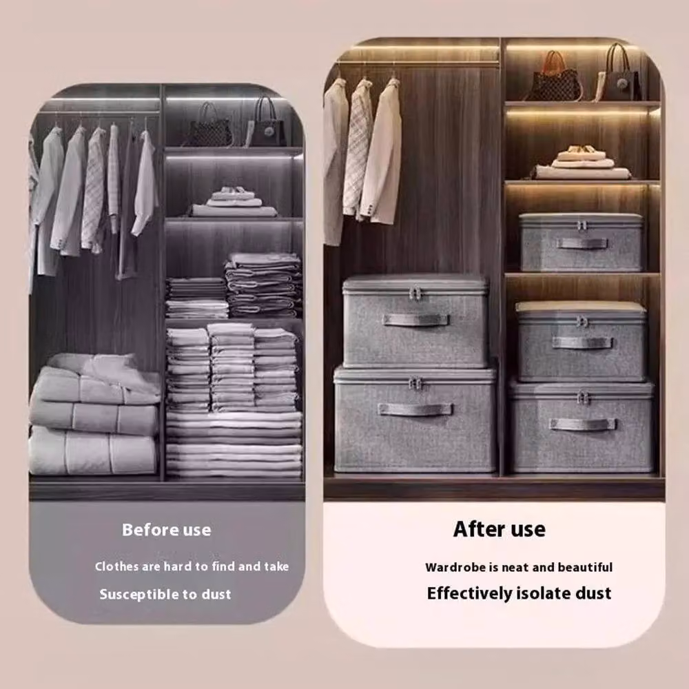 KORVIXA 6-Piece Set of Large Foldable Canvas Storage Boxes in Grey, Width: 90 cm – 3