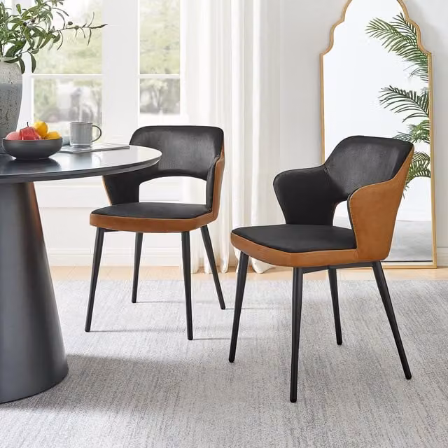 FurnitureboxUK Kai Set of 2 Black Velvet and Tan Faux Leather Dining Chairs with Black Metal Legs – 1