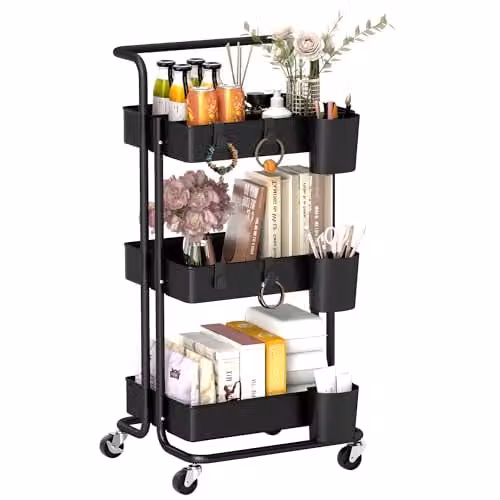 HOMCOM 3-Tier Metal Utility Cart and Kitchen Serving Trolley with Mesh Baskets, Black, H 86.5 x W 42.0 x D 38.0 cm – 2