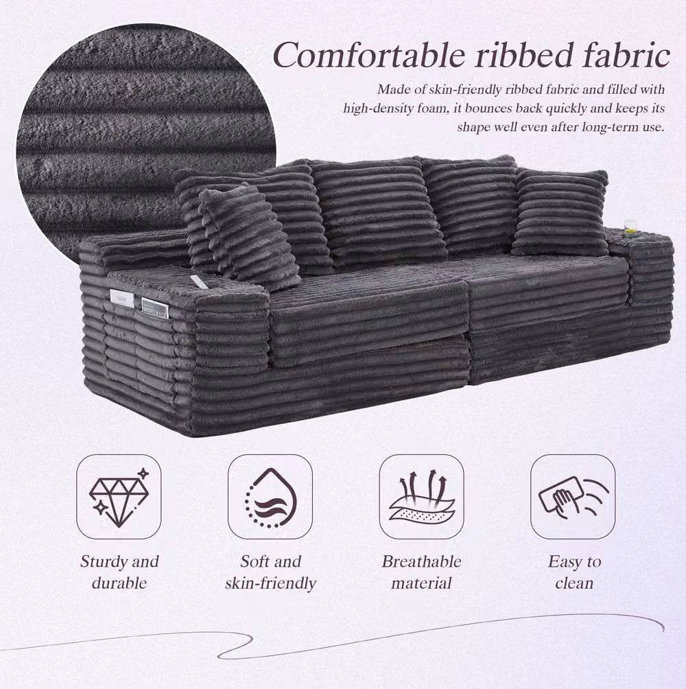 STILVORA Grey Corduroy Click-Clack Sofa Bed with Cup Holders and Scatter Cushions – 4