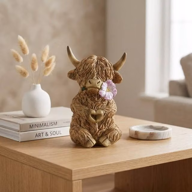 Garden Greatness Highland Cow Flower Heart Ornament, Brown and Multicolour Plastic Tabletop Decoration