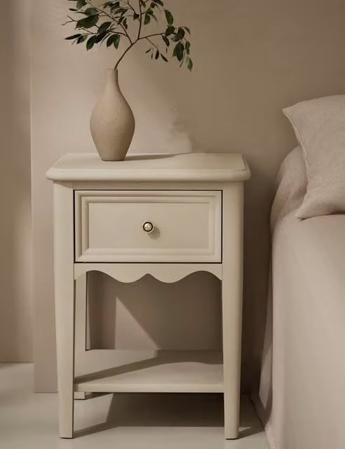 M&S Classic Lacquered White Pine Wood Damask Bedside Table