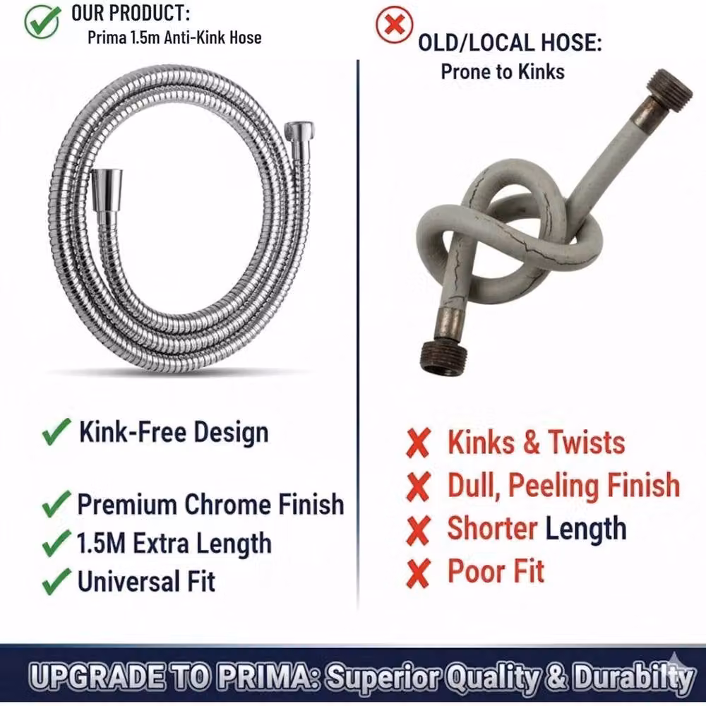 PAWNORA Flexible Chrome Shower Hose in Silver, 1.5m – 2