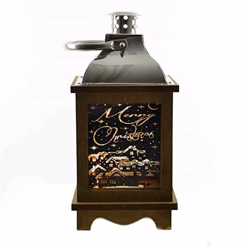 Shatchi Pre-Lit Wooden Christmas Lantern with Warm White Lights in Brown or Silver, W/D/H: 30 x 30 x 14 cm