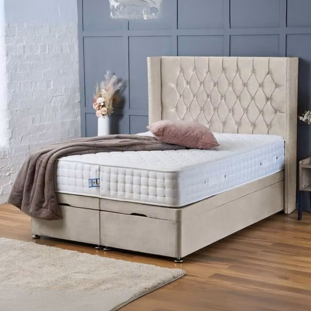 BSSPOKE Olivia Ottoman Divan Bed with 54 inch Headboard and Mattress in Beige Plush Velvet, W/D/H: 140 x 200 cm