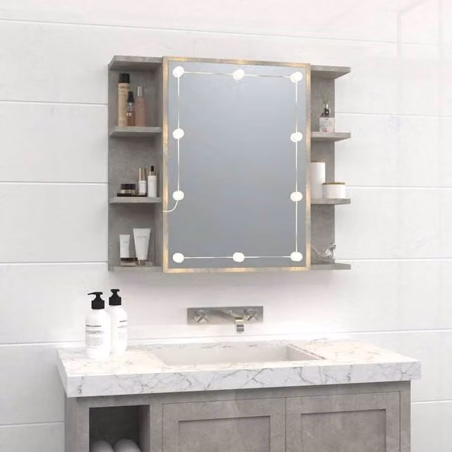 Berkfield Home Mirror Cabinet with LED Lighting in Concrete Grey, W/D/H: 70 x 16.5 x 60 cm