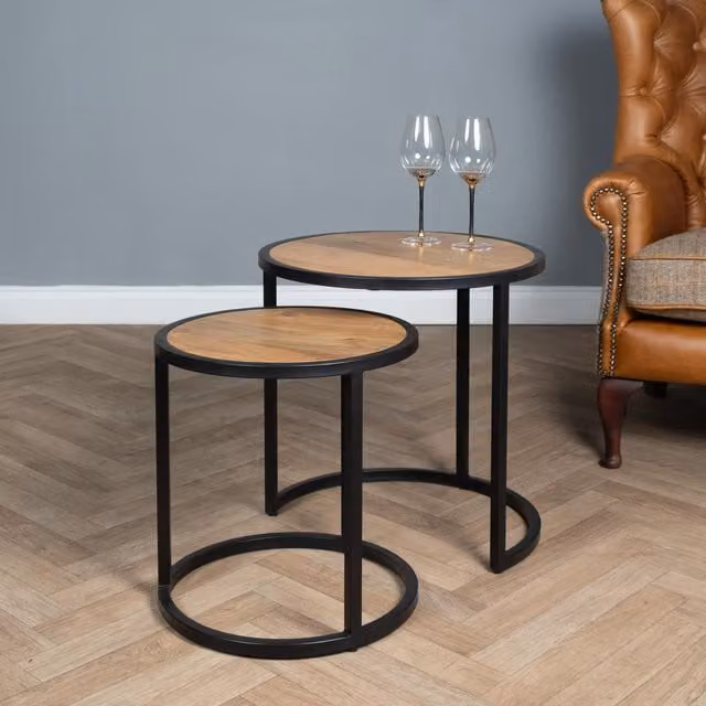 Elm Home And Garden Round Nest Of Two Tables with Mango Wood Tops and Black Metal Frame