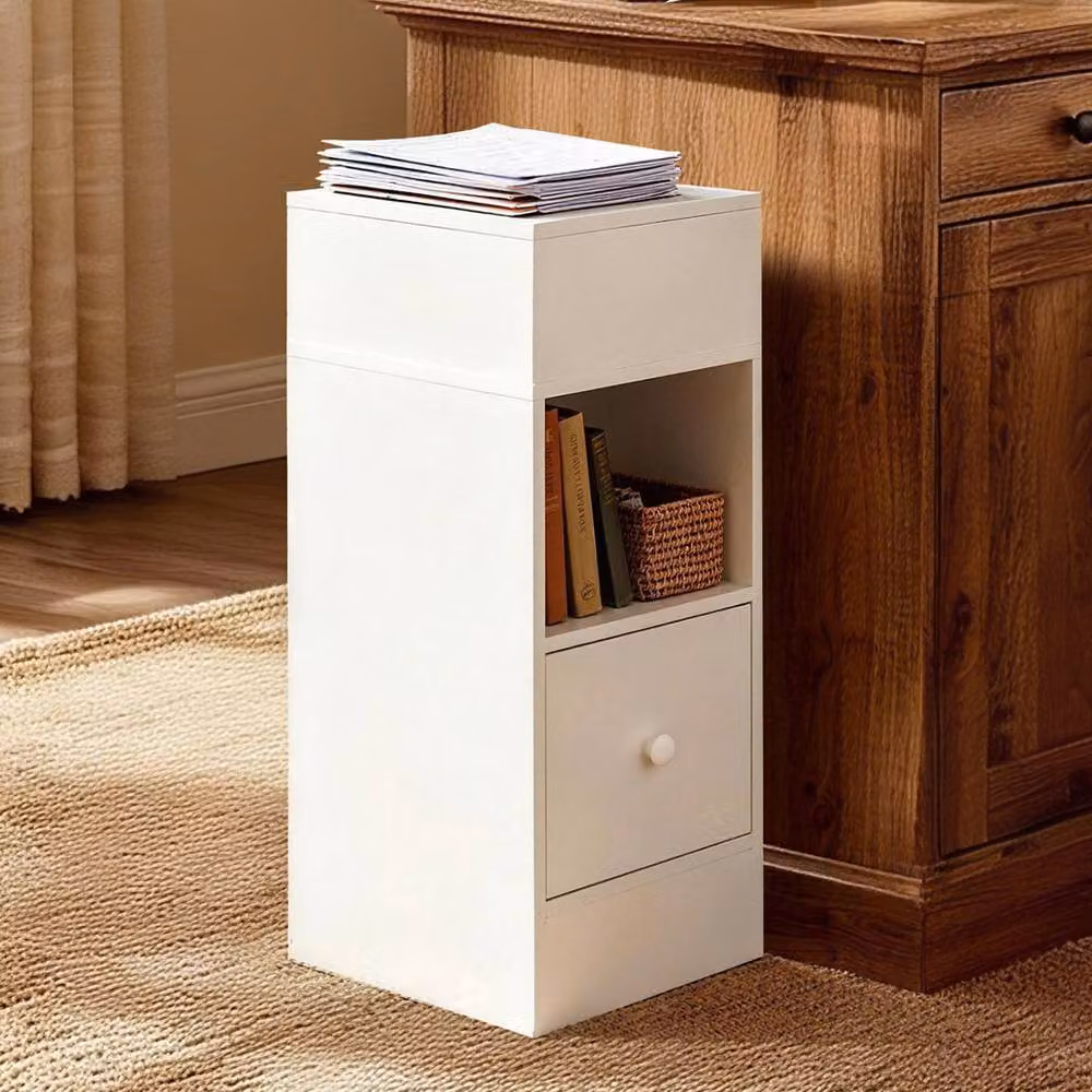 Levede Slim White Bedside Table with Drawer and Two Open Shelves, W/D/H: 25 x 30 x 66 cm – 2