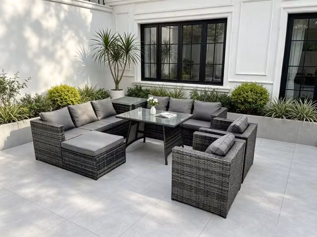 Fimous 9 Seater Wicker Rattan Outdoor Lounge and Dining Set with Table and 2 Armchairs in Dark Grey