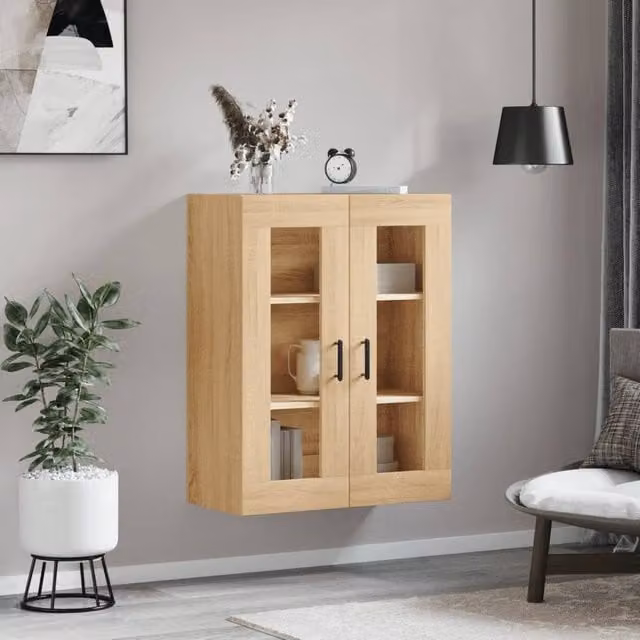 Berkfield Home Sonoma Oak Wall Mounted Cabinet with Glass Doors in Brown, W/D/H: 69.5 x 34 x 90 cm