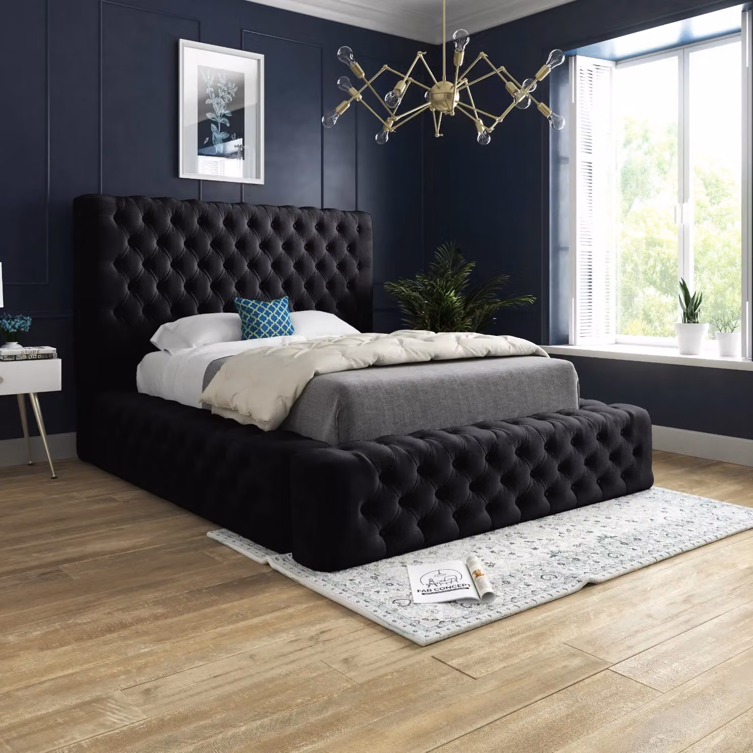 KDMD Dreamscape Pleated Velvet Upholstered Designer Bed Frame in Black, W/D/H: 200 x 137 x 221 cm – 2