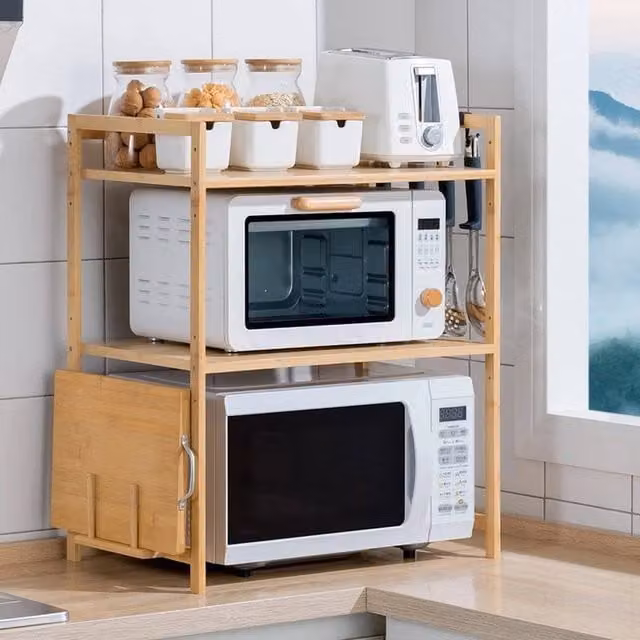 EONLION 2-Tier Microwave Oven Stand and Spice Rack with Bamboo Chopping Board, Brown, Width: 100 cm – 1