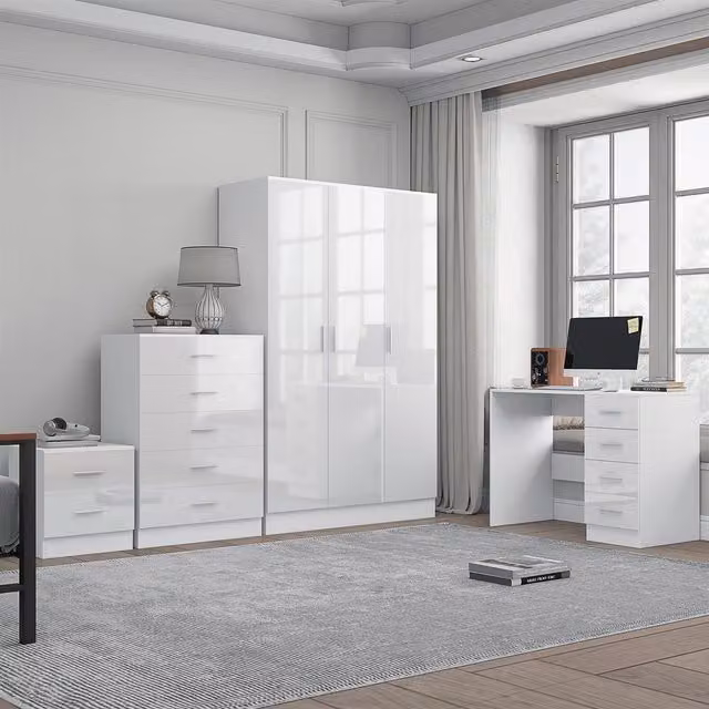 REFLECT Modern Furniture Bundle including 3-Door Wardrobe, Chest of Drawers, Bedside Table and Desk in White Gloss and Matt White