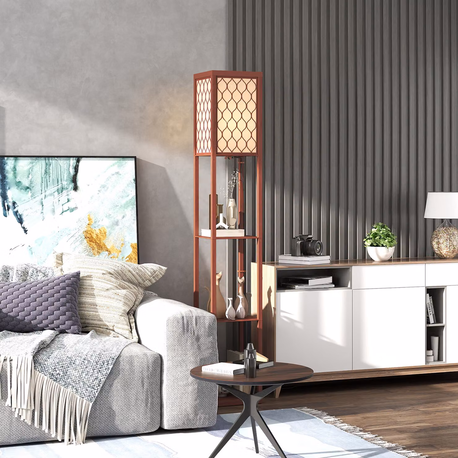 HOMCOM Three-Shelf Modern Floor Lamp in Brown and White with Fabric Shade and Pull Chain, H 160 x W 26 x D 26 cm – 8