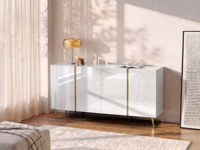 Vente-unique Marzialo Sideboard with 4 Doors in Gloss White and Gold, W: 199.3 cm, D: 41.0 cm, H: 87.2 cm – 1