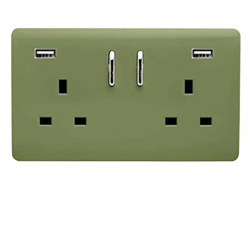 Trendi 2 Gang 13 Amp USB Switched Plug Socket with 2 x 3.1mA Ports in Moss Green – 1