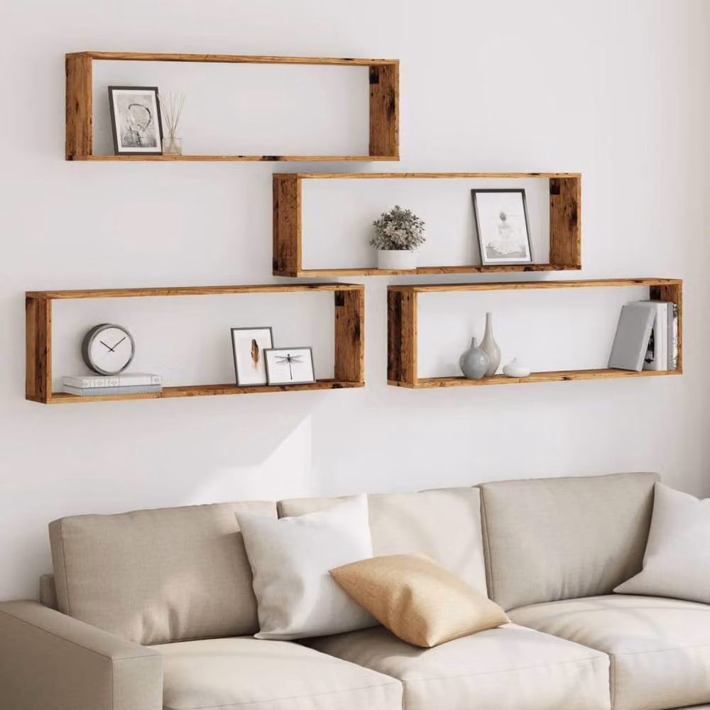 Berkfield Home Wall Mounted Cube Shelves, 4 Piece Set in Brown Old Wood, W/D/H: 100 x 30 x 15 cm – 3
