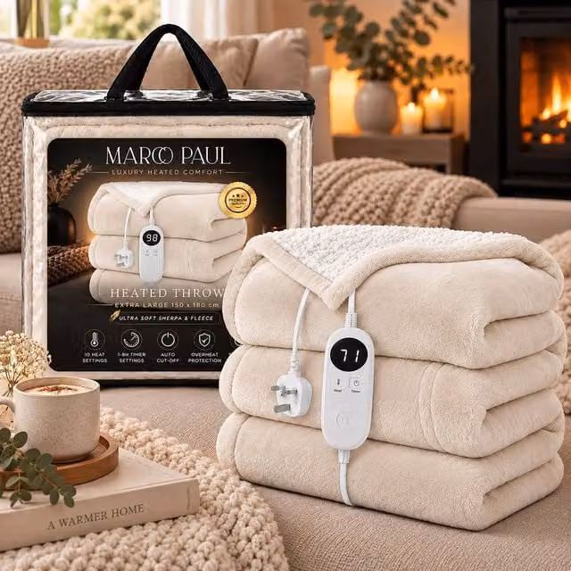 Marco Paul Luxury Sherpa Fleece Electric Heated Throw in Beige, W: 150 cm, D: 180 cm – 1