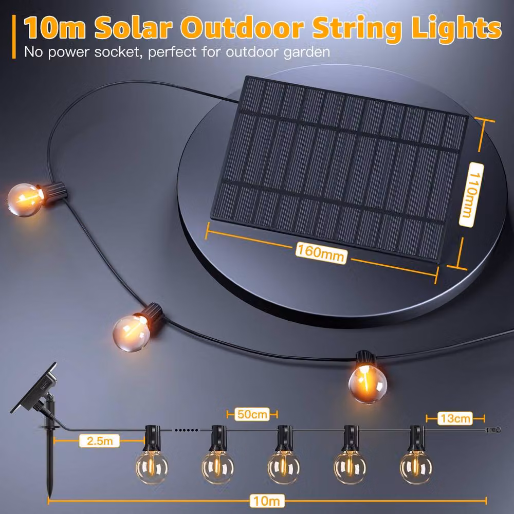 Ollny Solar USB String Lights with Remote Control, 10m Black G40 Bulbs, IP45 Warm White Sphere Lights with 3 Modes – 4
