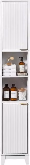 FORGEVIO White Wooden Tall Bathroom Cabinet with 2 Doors and Open Shelves, H: 80 x W: 20 x D: 20 cm