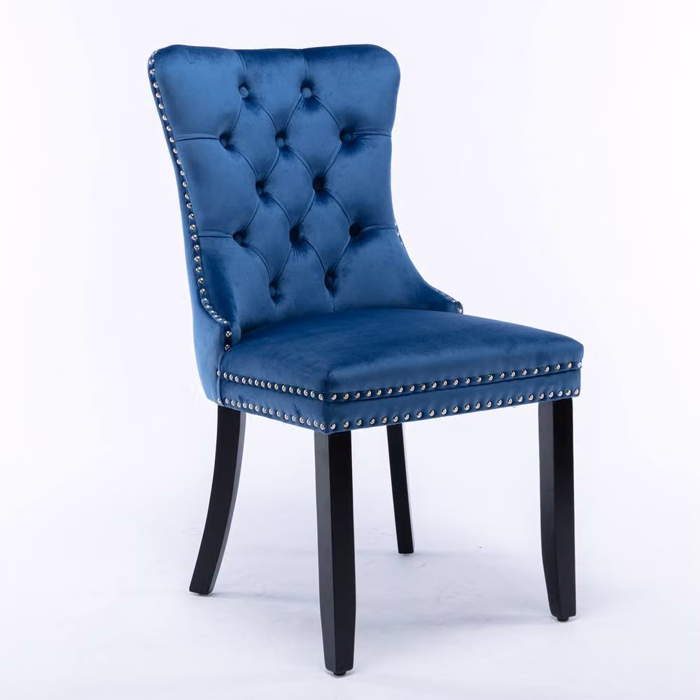 Modern Home Touch Romsey Set of 2 Blue Velvet Upholstered Dining Chairs with Oak Legs and Knocker Ring Back – 2