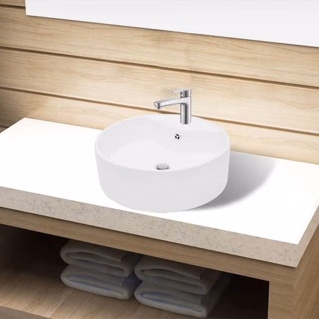 Berkfield Home White Ceramic Round Bathroom Sink Basin with Overflow – 1