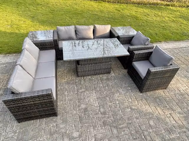 Fimous Rattan Garden Furniture Set with 2 Armchairs and Adjustable Lifting Dining Table in Dark Grey