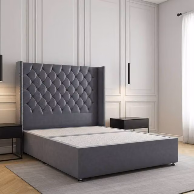 Regional Furnishings Luxury Super King Divan Bed with 54 inch Plush Velvet Headboard in Charcoal Grey, W/D/H: 200 x 200 cm