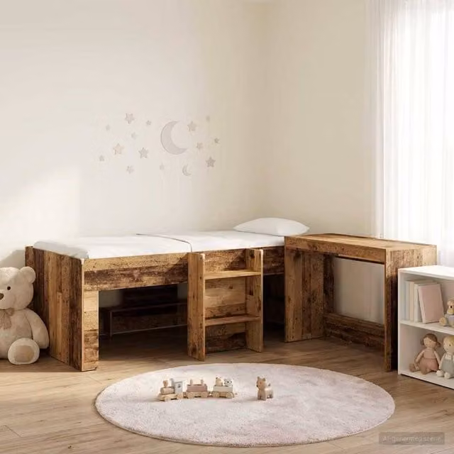 Berkfield Home Kids High Bed Frame with Desk and Stairs in Brown Old Wood Engineered Wood – 1