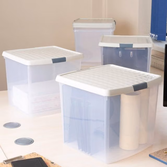 Wham 5 x 37L Square Plastic Storage Boxes with Lids, Beige and Yellow