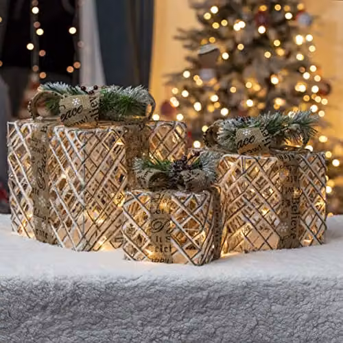 The Christmas Workshop Set of 3 Light-Up Christmas Boxes in White and Brown with 45 Warm White LED Lights, W/D/H: 30.0 x 25.0 x 30.0 cm