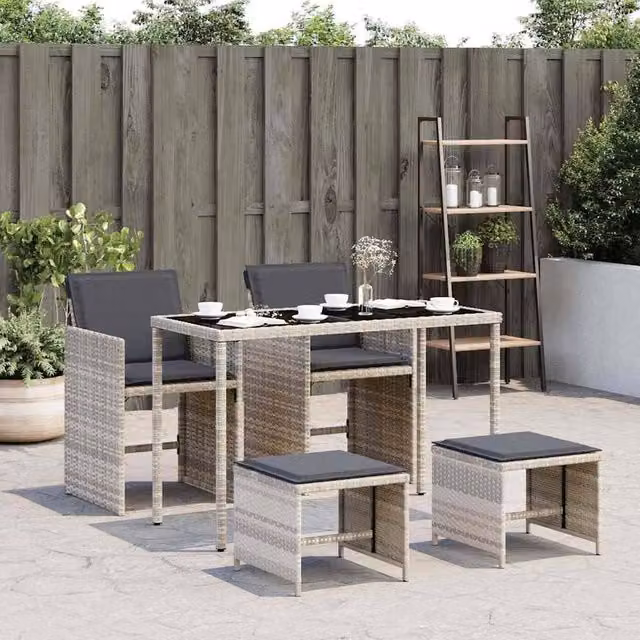 Berkfield Home 5 Piece Garden Dining Set with Light Grey Cushions and Poly Rattan